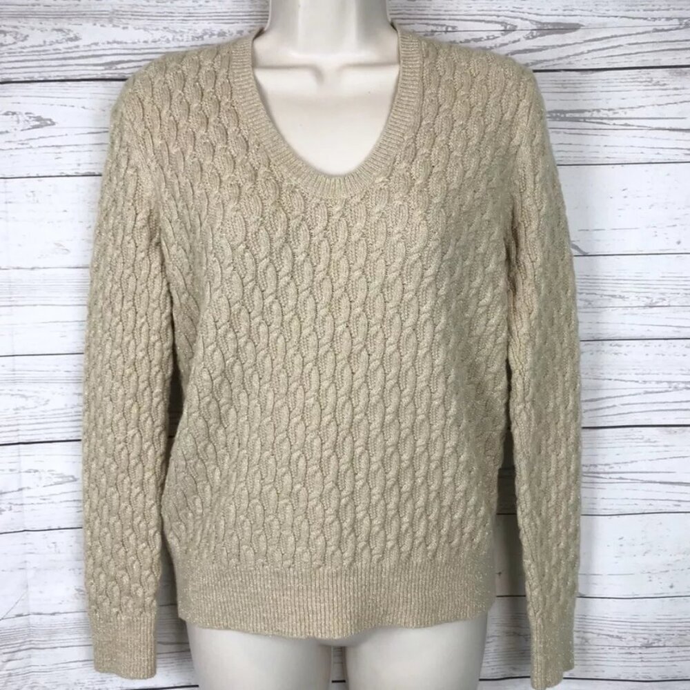 Lands End Metallic Cable Knit V-Neck Sweater Women’s M Gold Long Sleeve Pullover